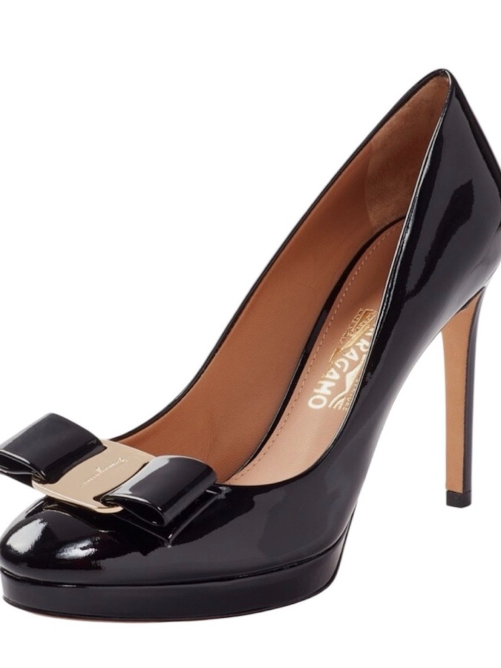 Salvatore Ferragamo Black Patent Leather Bow Platform Pump